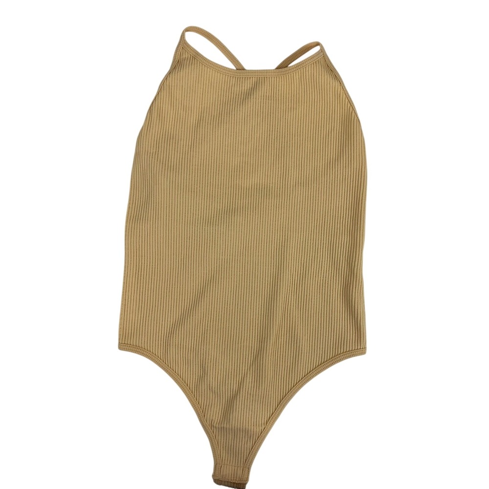 NWOT Mono B Ribbed Bodysuit Small Tan Sleeveless Cross Back Casual Top